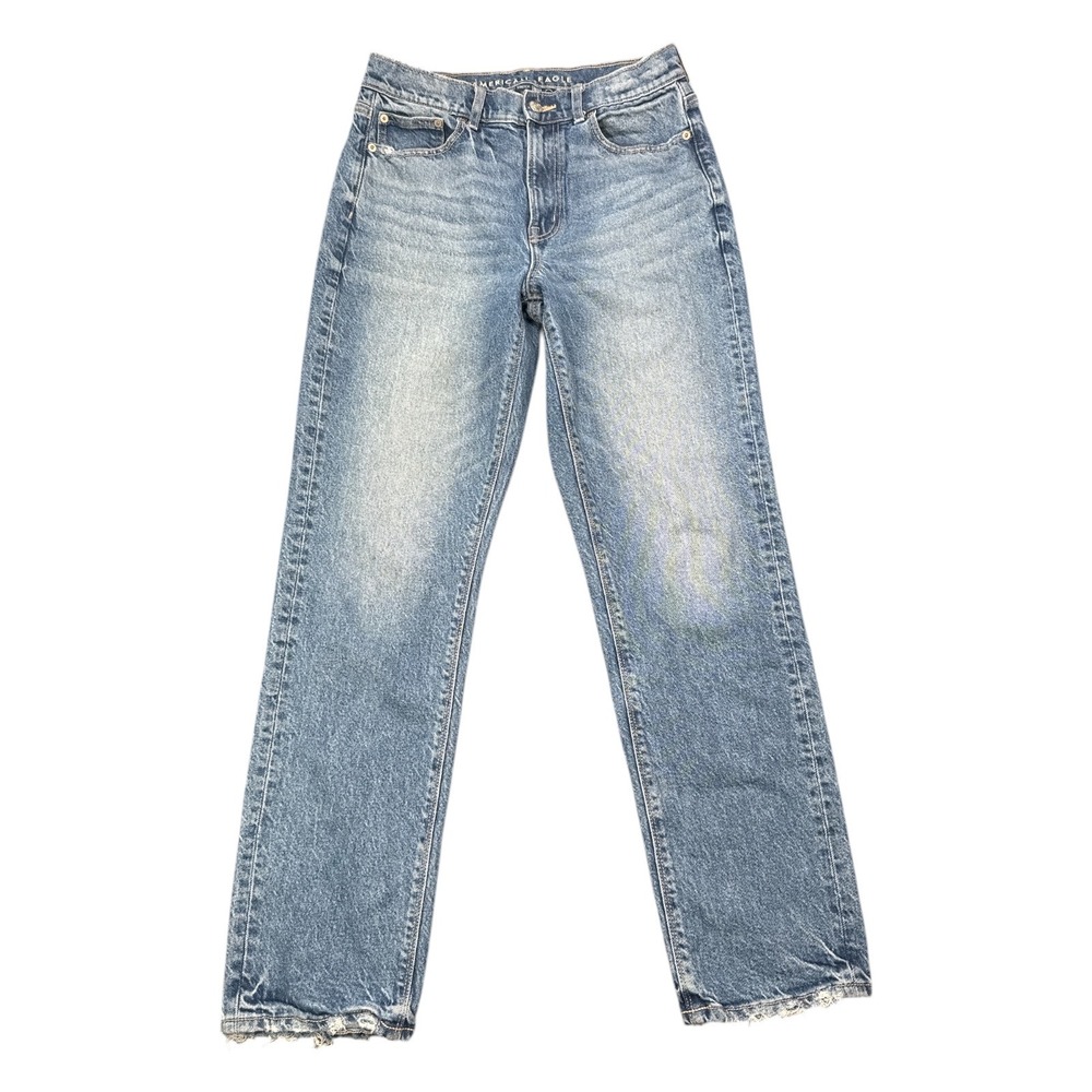 American Eagle High Waisted Straight Leg Jeans Medium Wash Distressed Hem Size 6